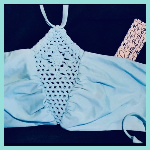 Frankies Bikinis Skimpy Ruched Crochet Two Piece Halter Brazilian Blue Harlow - Picture 10 of 10